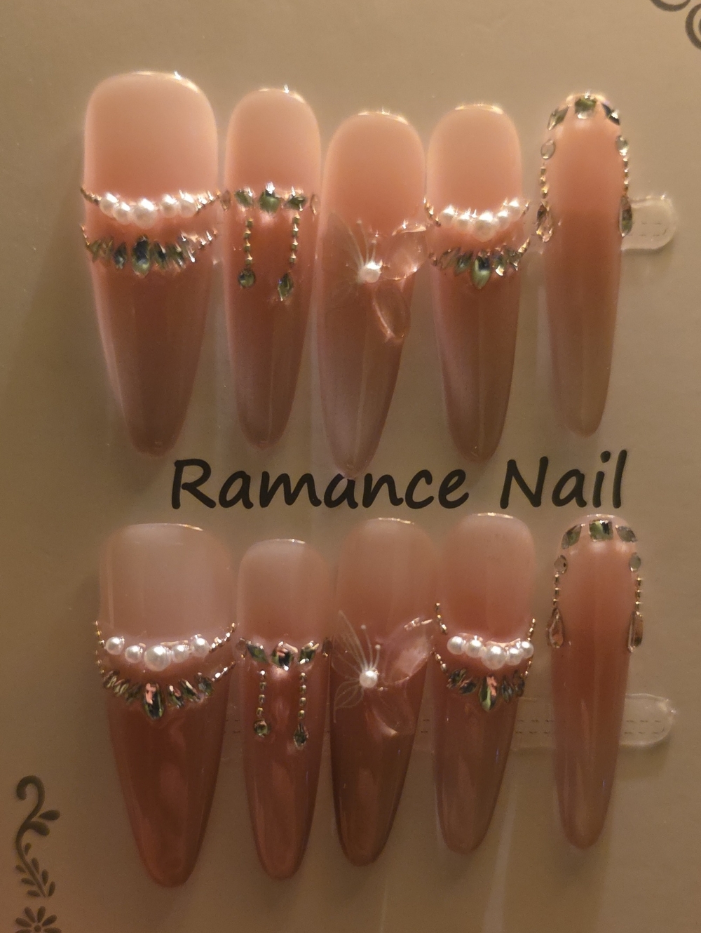 Nude Pink Press-On Nails with Gem Accents Size Large